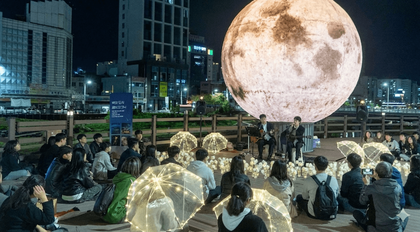 대전천 달빛 공연 현장에서 시민들이 야외 공연을 관람하는 장면